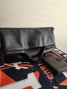 Black Leather Fold-Over Womens Bag with Matching Wallet Tory Burch